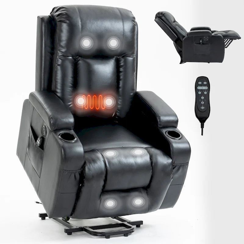 Power Lift Recliner Chair with Massage & Lumbar Heat, Black / Brown, Single Seat
