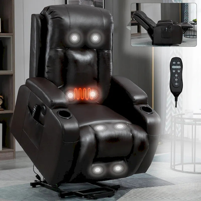 Power Lift Recliner Chair with Massage & Lumbar Heat, Black / Brown, Single Seat