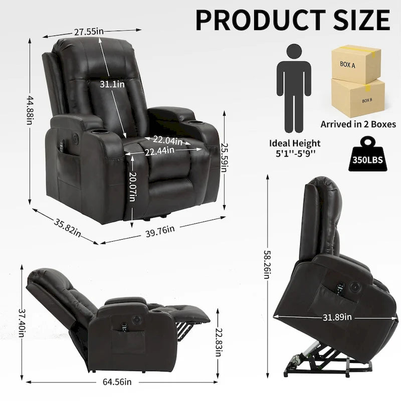 Power Lift Recliner Chair with Massage & Lumbar Heat, Black / Brown, Single Seat