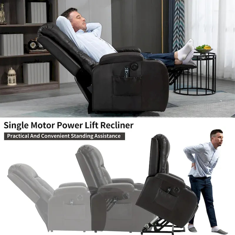 Power Lift Recliner Chair with Massage & Lumbar Heat, Black / Brown, Single Seat