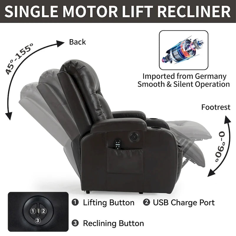 Power Lift Recliner Chair with Massage & Lumbar Heat, Black / Brown, Single Seat