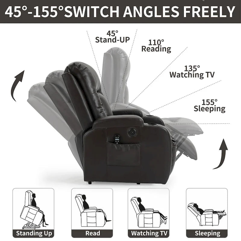 Power Lift Recliner Chair with Massage & Lumbar Heat, Black / Brown, Single Seat