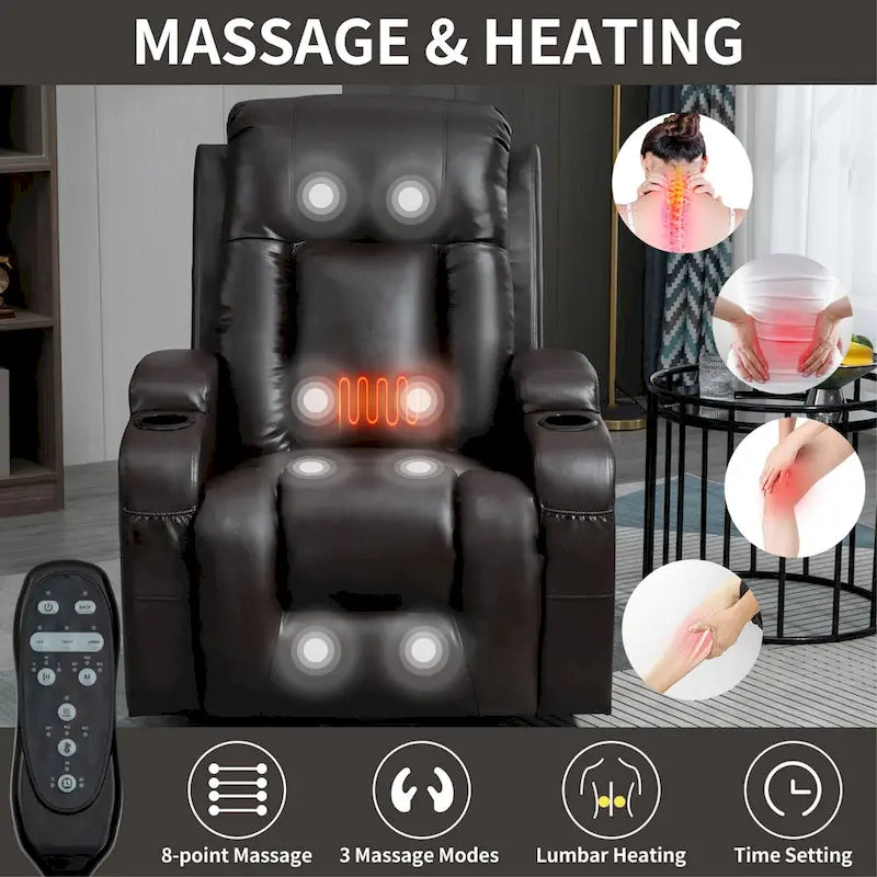 Power Lift Recliner Chair with Massage & Lumbar Heat, Black / Brown, Single Seat
