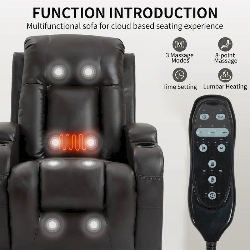 Power Lift Recliner Chair with Massage & Lumbar Heat, Black / Brown, Single Seat