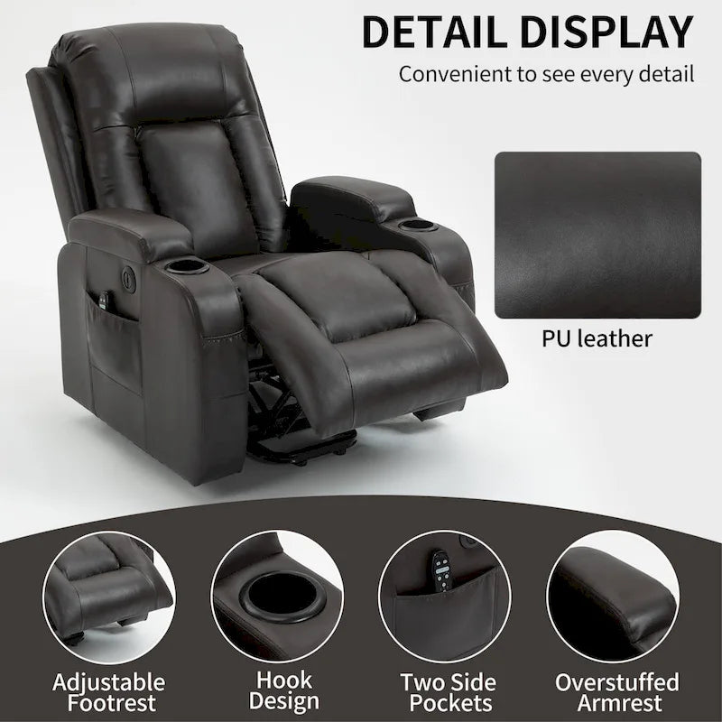 Power Lift Recliner Chair with Massage & Lumbar Heat, Black / Brown, Single Seat