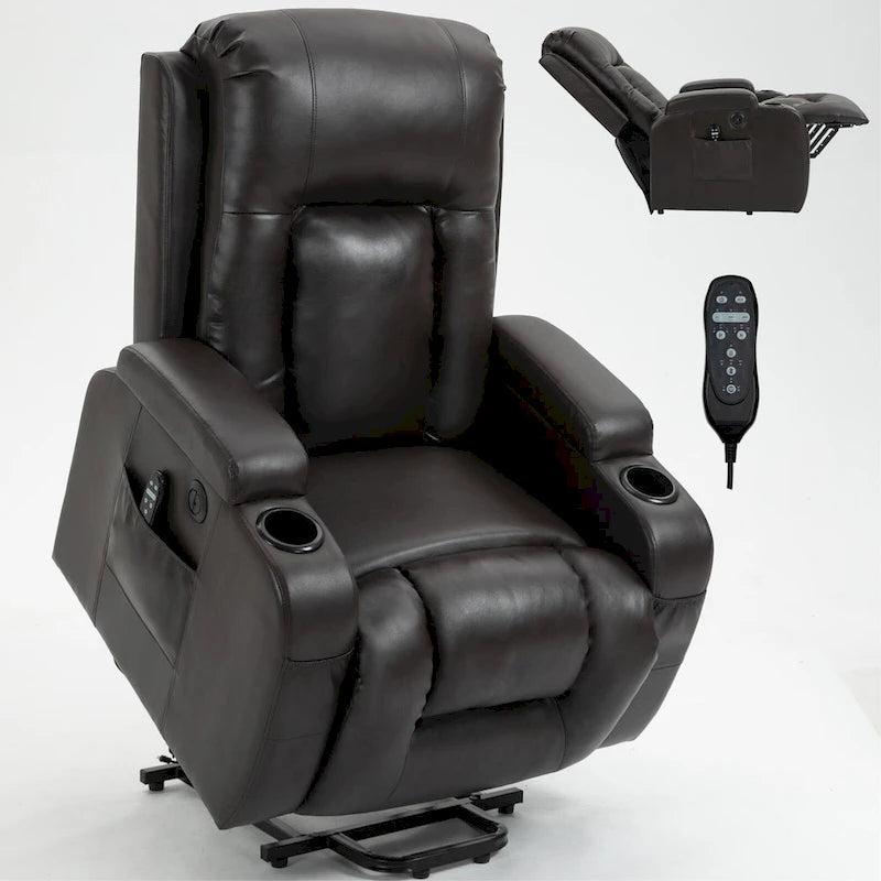 Power Lift Recliner Chair with Massage & Lumbar Heat, Black / Brown, Single Seat