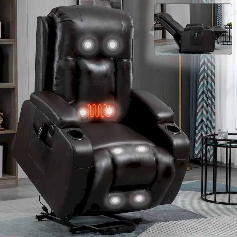 Power Lift Recliner Chair with Massage & Lumbar Heat, Black / Brown, Single Seat