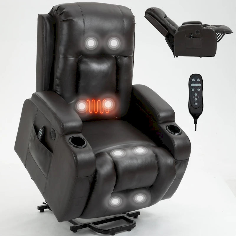 Power Lift Recliner Chair with Massage & Lumbar Heat, Black / Brown, Single Seat