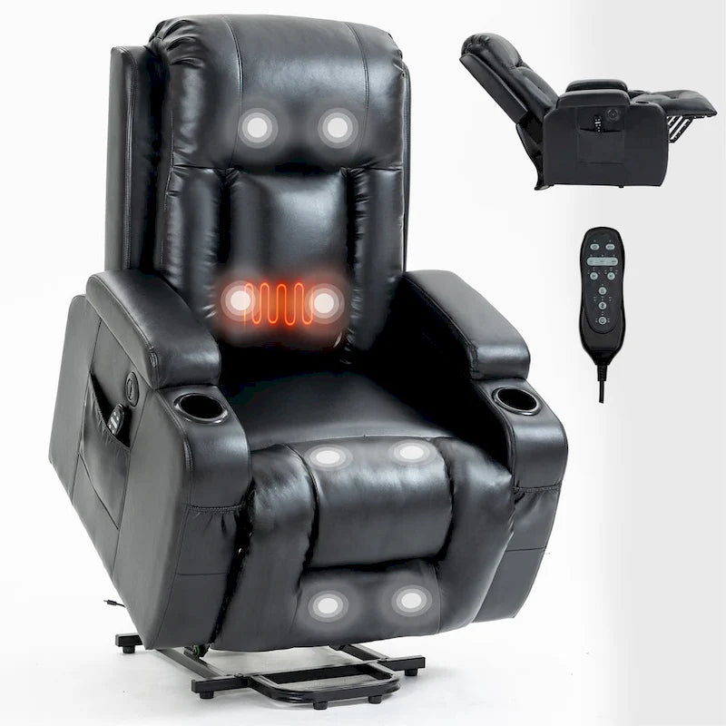 Power Lift Recliner Chair with Massage & Lumbar Heat, Black / Brown, Single Seat