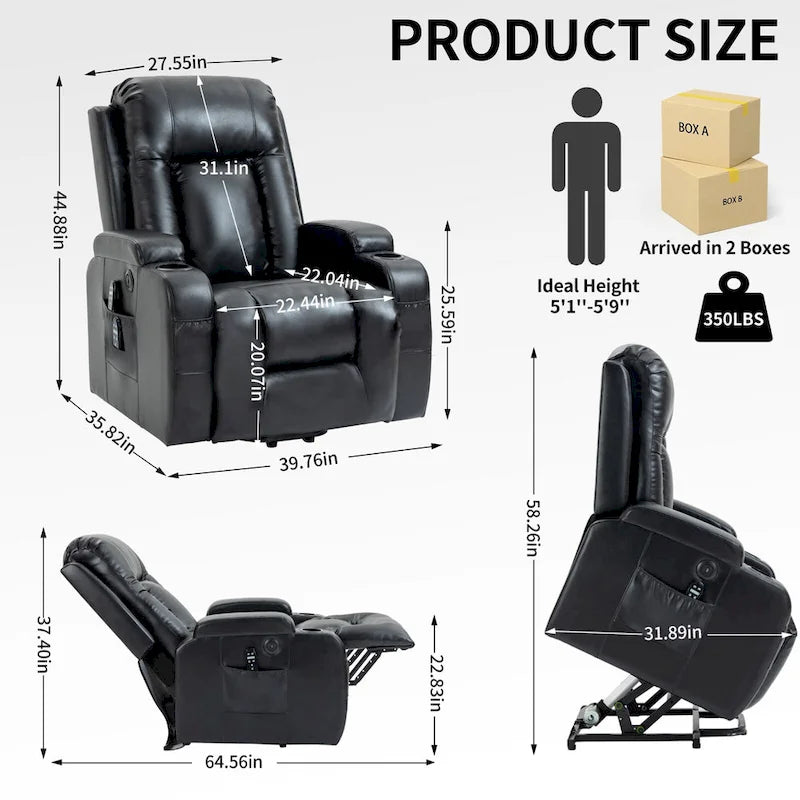 Power Lift Recliner Chair with Massage & Lumbar Heat, Black / Brown, Single Seat
