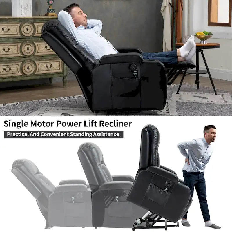 Power Lift Recliner Chair with Massage & Lumbar Heat, Black / Brown, Single Seat