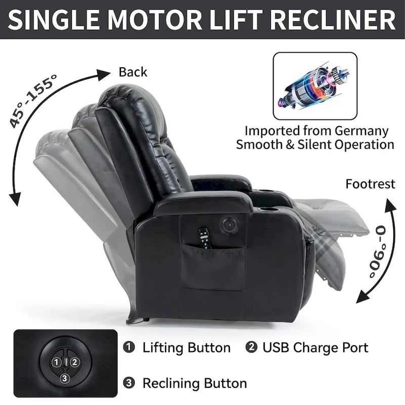 Power Lift Recliner Chair with Massage & Lumbar Heat, Black / Brown, Single Seat