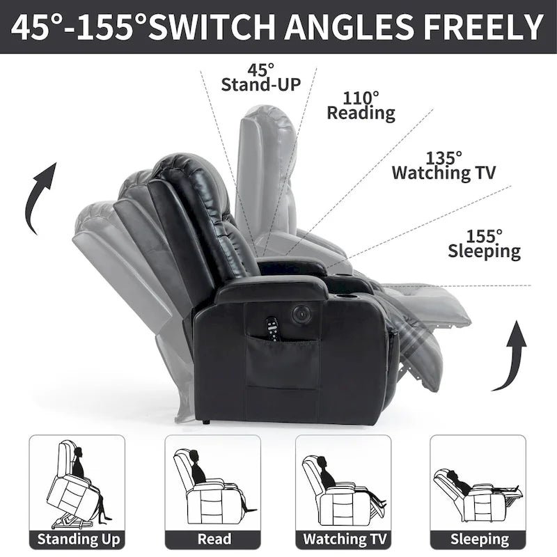 Power Lift Recliner Chair with Massage & Lumbar Heat, Black / Brown, Single Seat