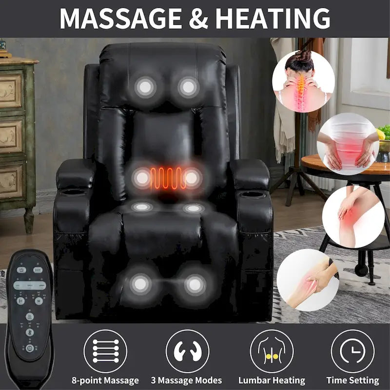 Power Lift Recliner Chair with Massage & Lumbar Heat, Black / Brown, Single Seat