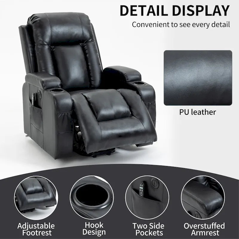 Power Lift Recliner Chair with Massage & Lumbar Heat, Black / Brown, Single Seat