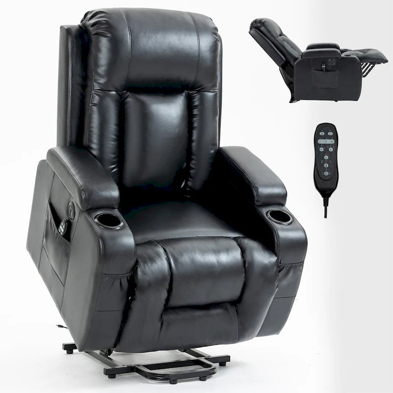 Power Lift Recliner Chair with Massage & Lumbar Heat, Black / Brown, Single Seat