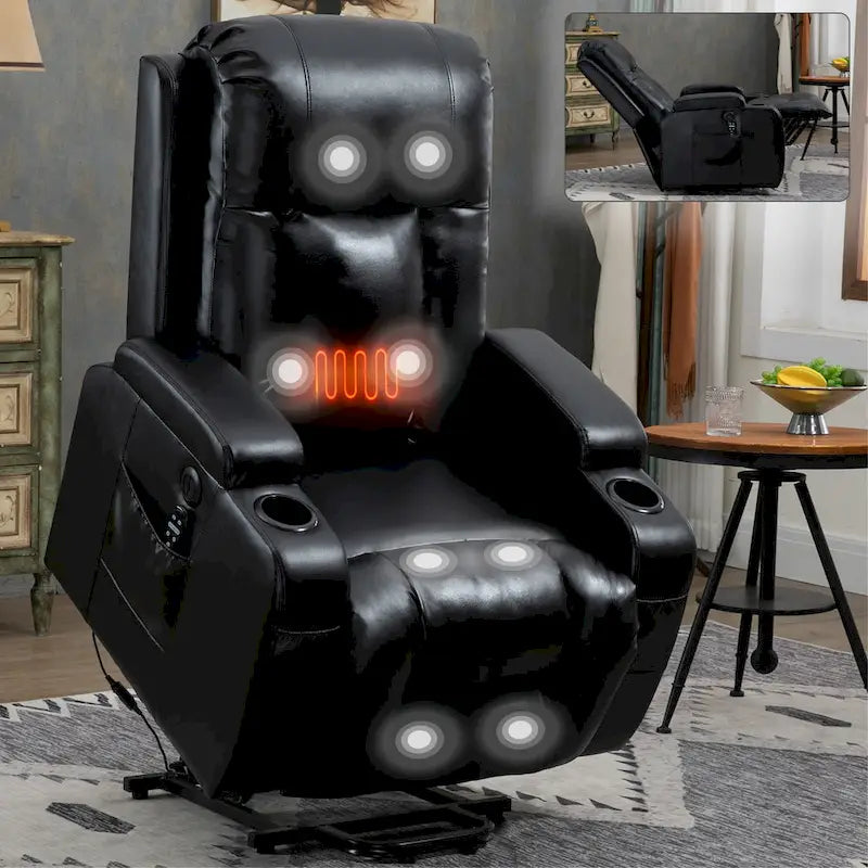 Power Lift Recliner Chair with Massage & Lumbar Heat, Black / Brown, Single Seat