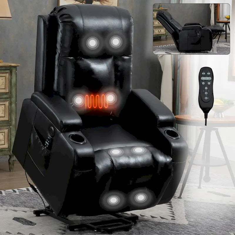 Power Lift Recliner Chair with Massage & Lumbar Heat, Black / Brown, Single Seat