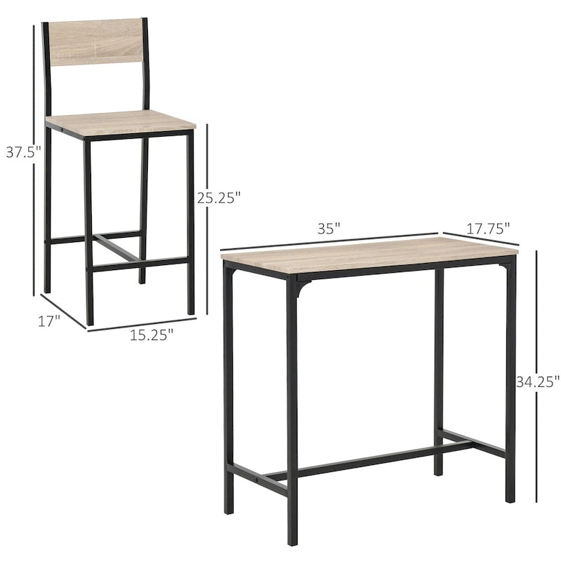 Natural Bar Table Set for 2, 3-Piece Counter Height Dining Set