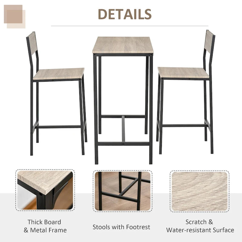 Natural Bar Table Set for 2, 3-Piece Counter Height Dining Set