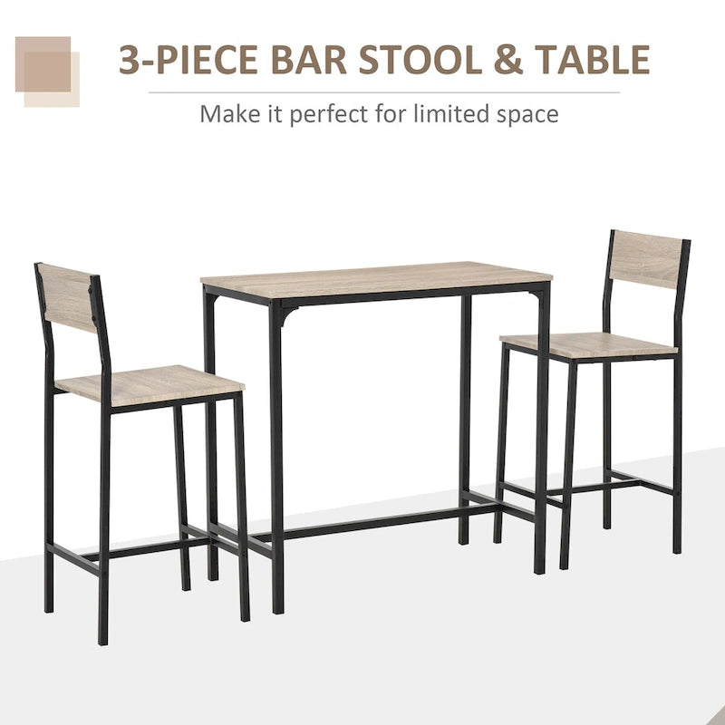 Natural Bar Table Set for 2, 3-Piece Counter Height Dining Set