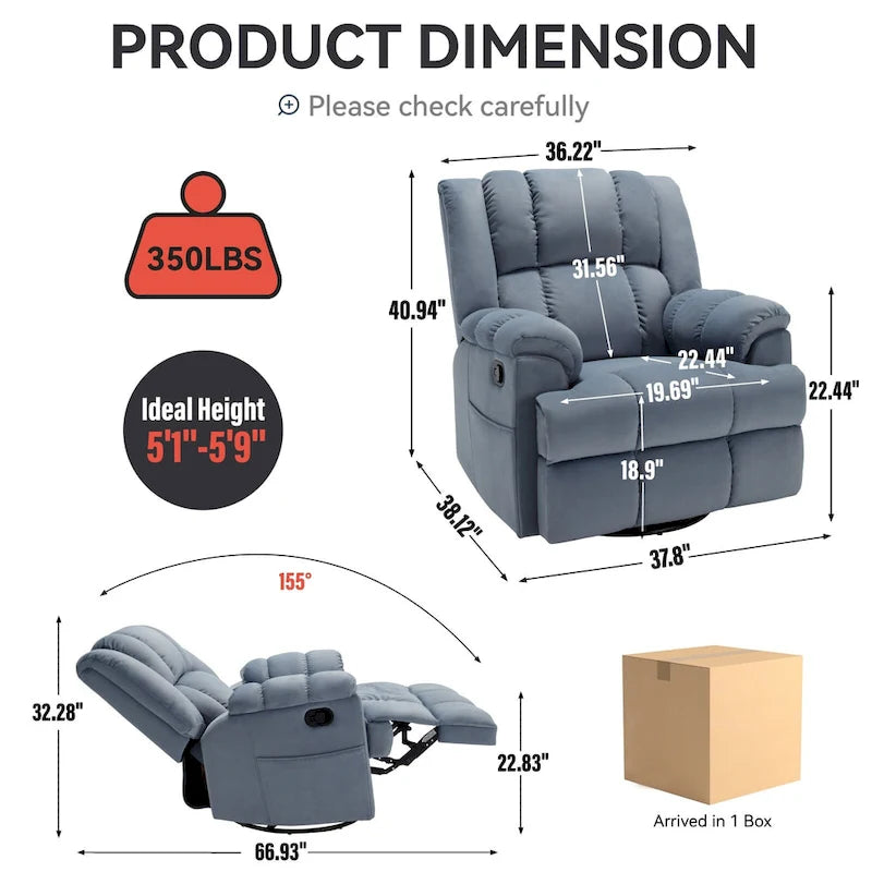 Blue Fabric Recliner Chair, Single Seat, Swivel & Rocker