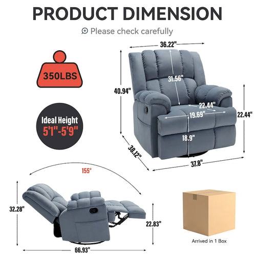 Blue Fabric Recliner Chair, Single Seat, Swivel & Rocker