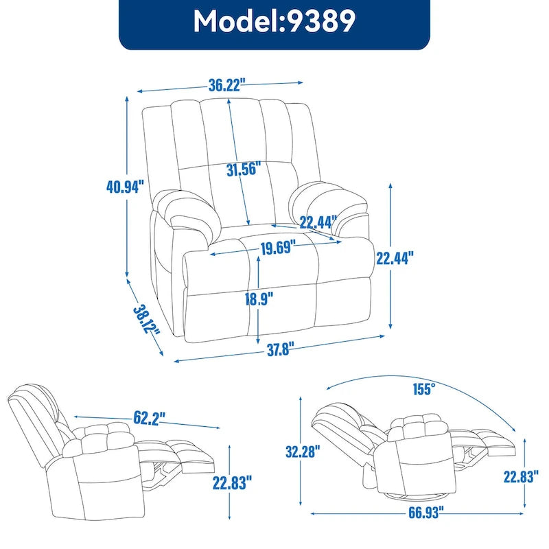 Blue Fabric Recliner Chair, Single Seat, Swivel & Rocker