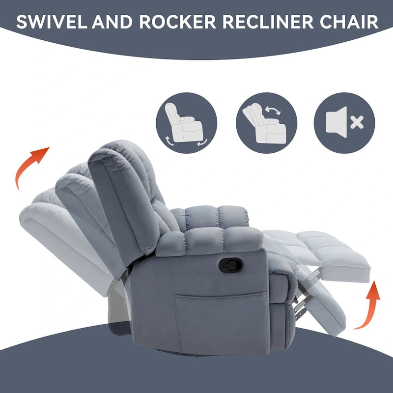 Blue Fabric Recliner Chair, Single Seat, Swivel & Rocker