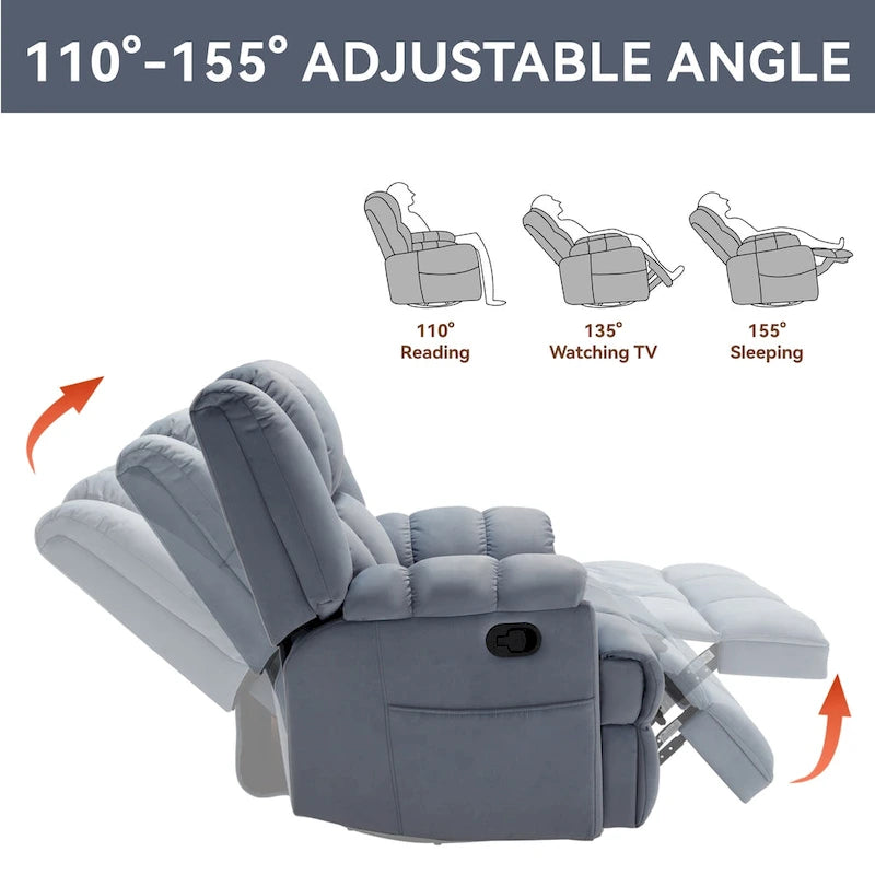 Blue Fabric Recliner Chair, Single Seat, Swivel & Rocker