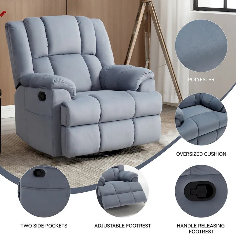 Blue Fabric Recliner Chair, Single Seat, Swivel & Rocker