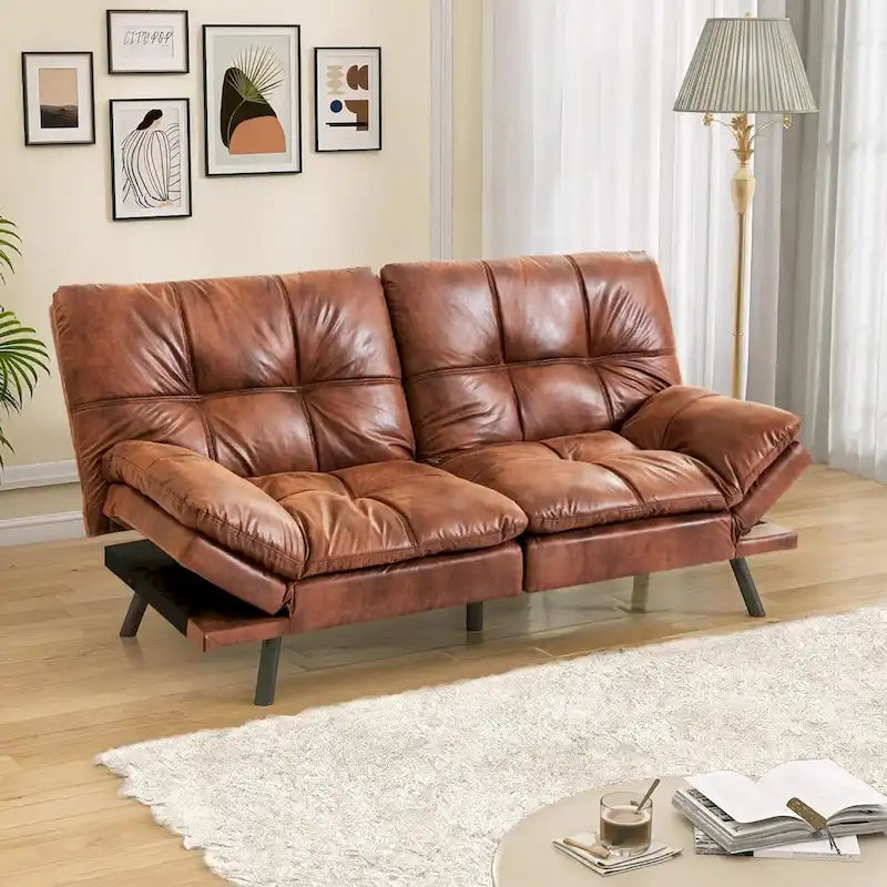 Faux Leather Convertible Loveseat Sofa Bed, 2-Seater – Brown / Black