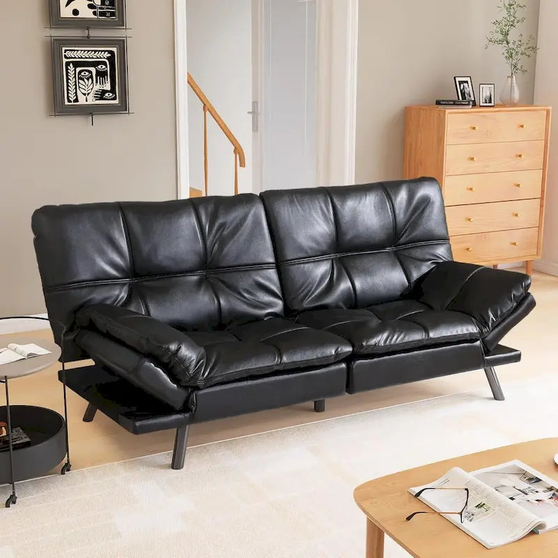 Faux Leather Convertible Loveseat Sofa Bed, 2-Seater – Brown / Black