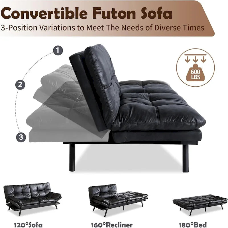 Faux Leather Convertible Loveseat Sofa Bed, 2-Seater – Brown / Black