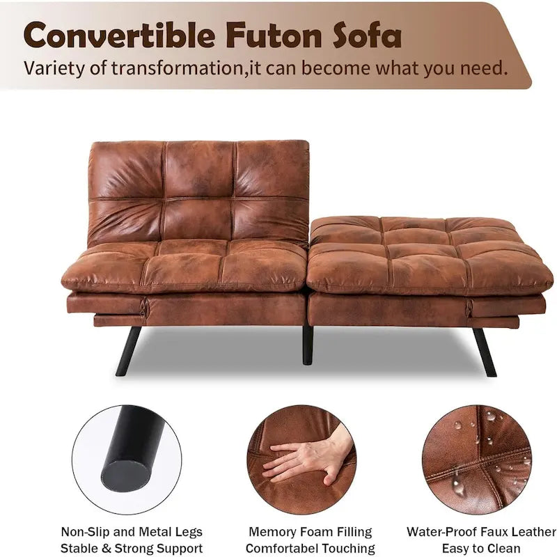 Faux Leather Convertible Loveseat Sofa Bed, 2-Seater – Brown / Black