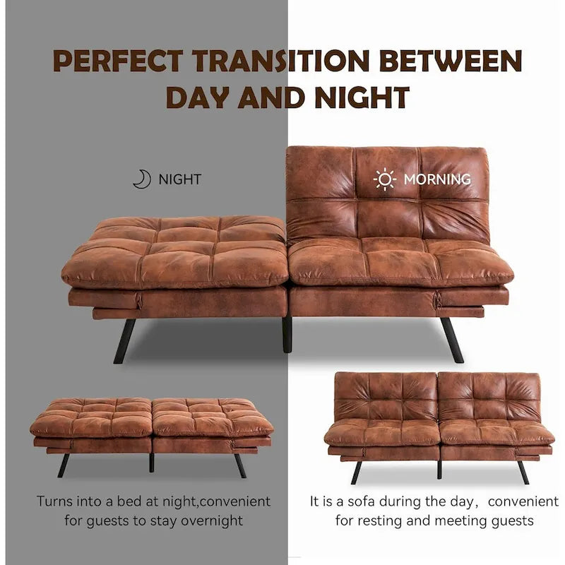Faux Leather Convertible Loveseat Sofa Bed, 2-Seater – Brown / Black