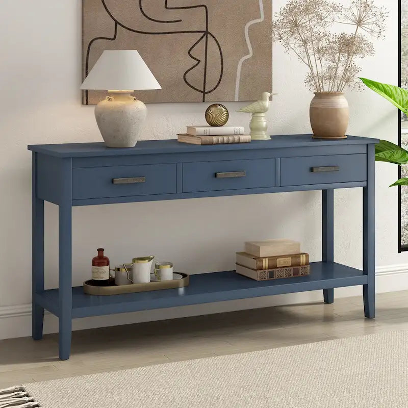 Navy Blue / Gray / Black Minimalist Console Table with Drawer & Shelf – 1 Person