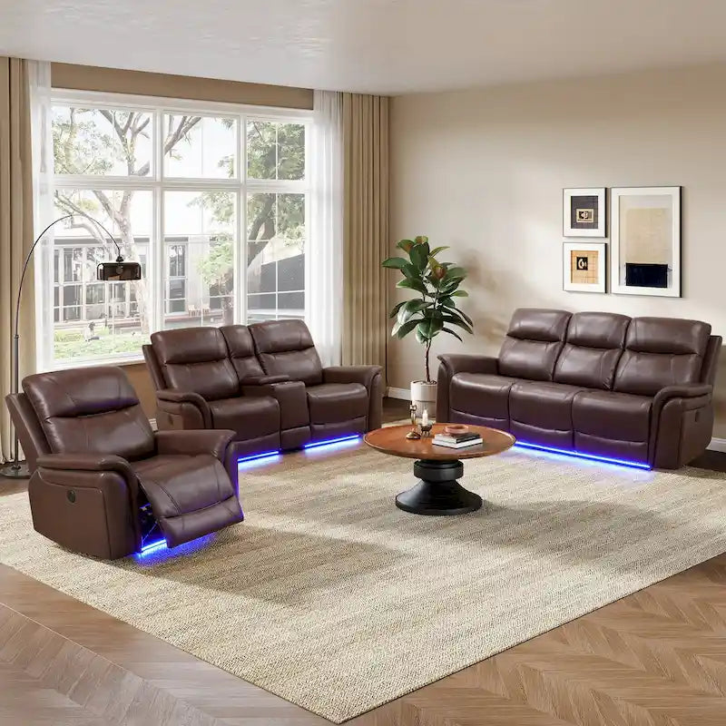 Reddish Brown Modern 3-Piece Recliner Sofa Set (3-Seater)