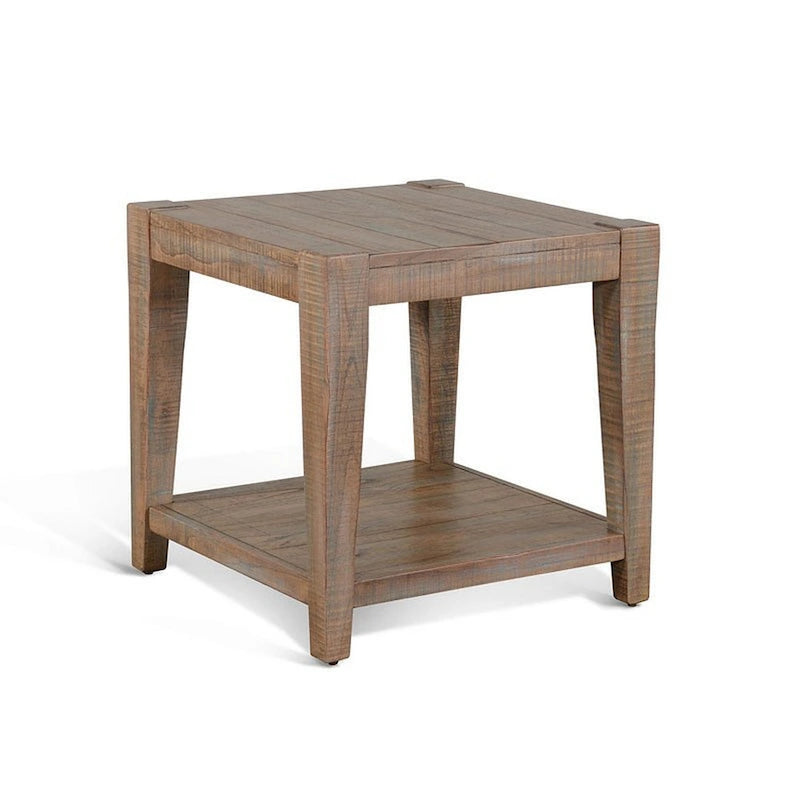 Light Brown End Table with Lower Shelf, Square Top, Tapered Legs