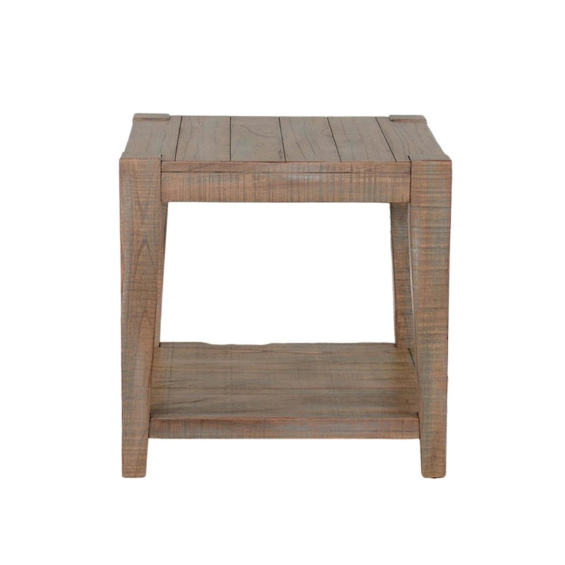 Light Brown End Table with Lower Shelf, Square Top, Tapered Legs