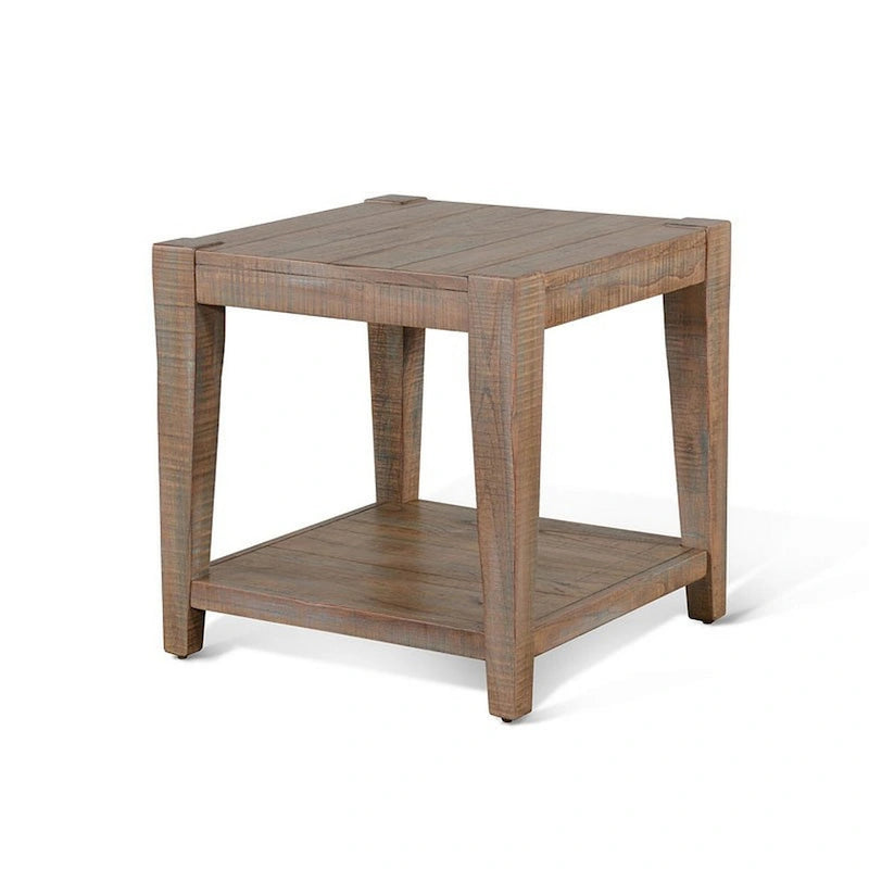 Light Brown End Table with Lower Shelf, Square Top, Tapered Legs
