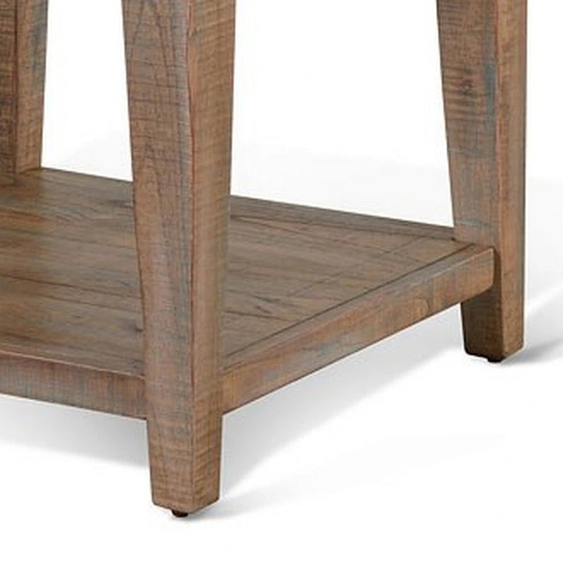 Light Brown End Table with Lower Shelf, Square Top, Tapered Legs