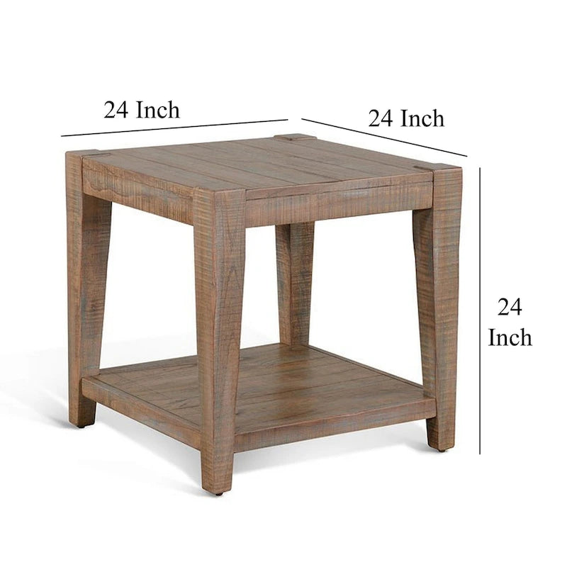 Light Brown End Table with Lower Shelf, Square Top, Tapered Legs
