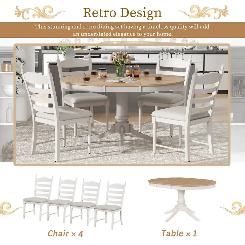 Off White / Antique White Extendable Dining Table Set, Seats 5, 5-Piece