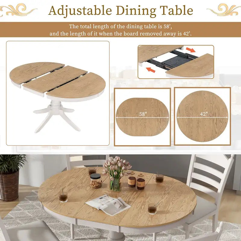 Off White / Antique White Extendable Dining Table Set, Seats 5, 5-Piece
