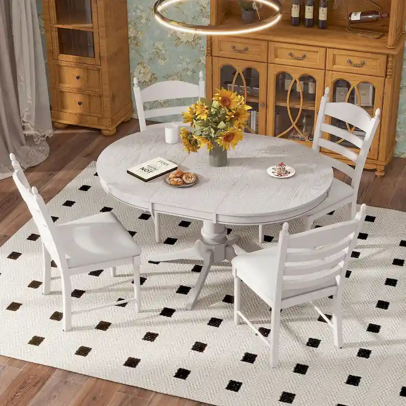Off White / Antique White Extendable Dining Table Set, Seats 5, 5-Piece