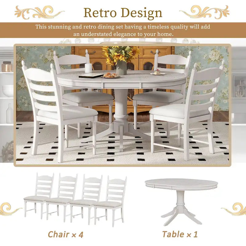 Off White / Antique White Extendable Dining Table Set, Seats 5, 5-Piece