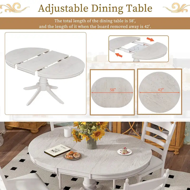Off White / Antique White Extendable Dining Table Set, Seats 5, 5-Piece