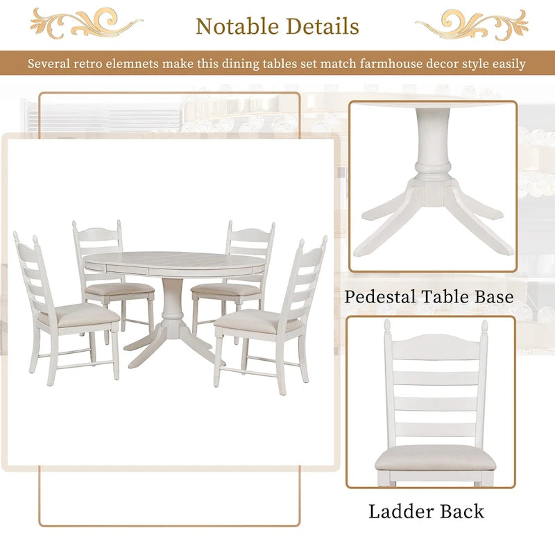 Off White / Antique White Extendable Dining Table Set, Seats 5, 5-Piece