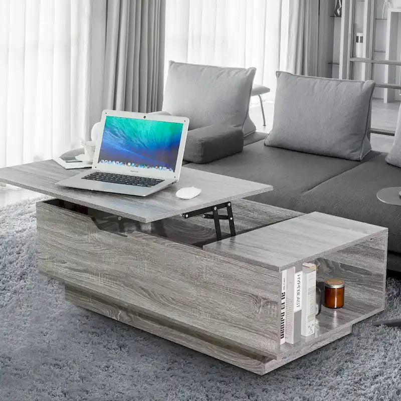 Lift-Top Coffee Table, Grey / Walnut, Rectangle, 1-Person Sofa Desk with Storage